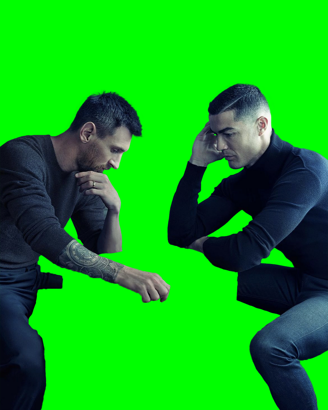 Messi and Ronaldo playing chess Meme Template (Green Screen) (Transparent PNG)