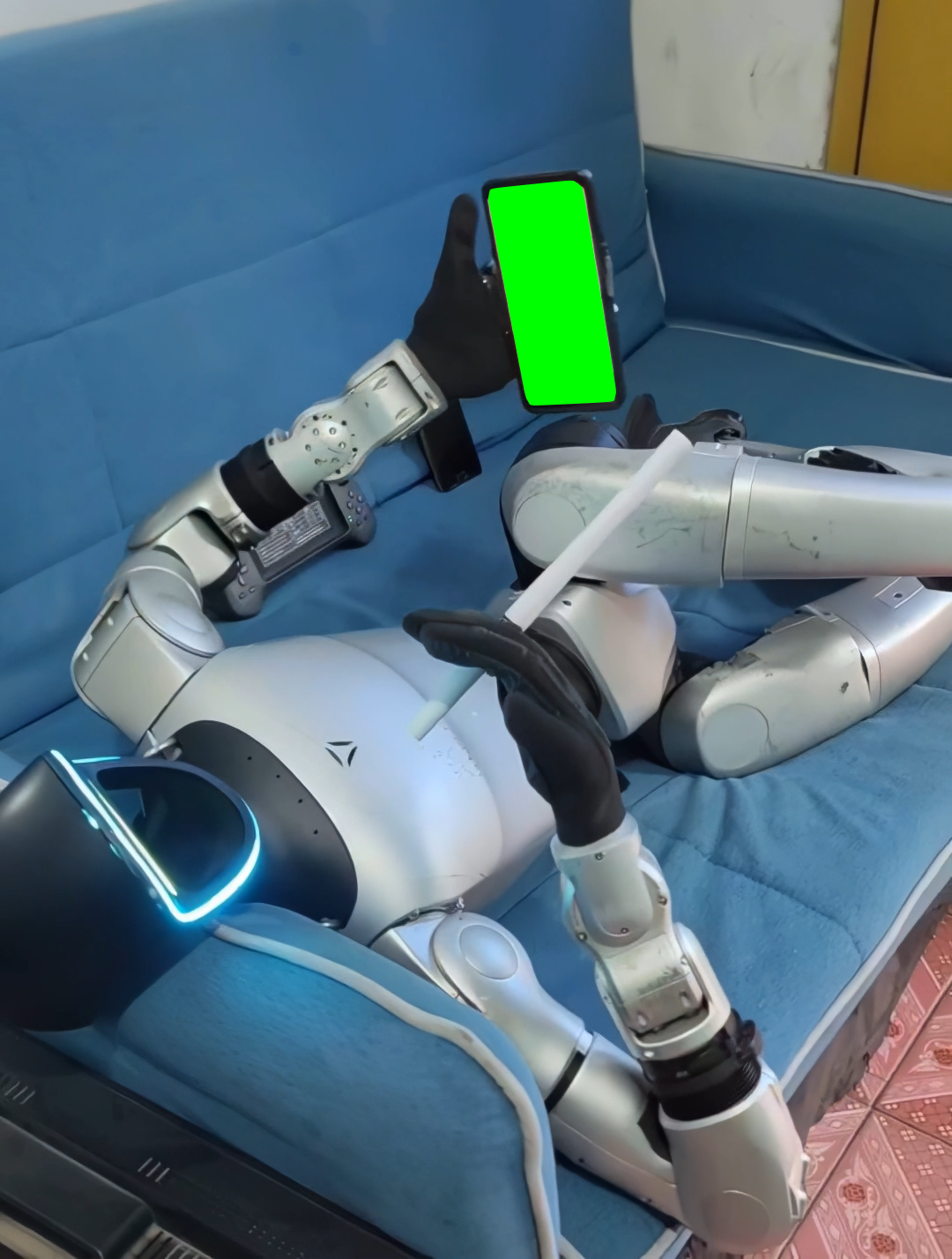 AI Robot Smoking and Doomscrolling meme (Green Screen)