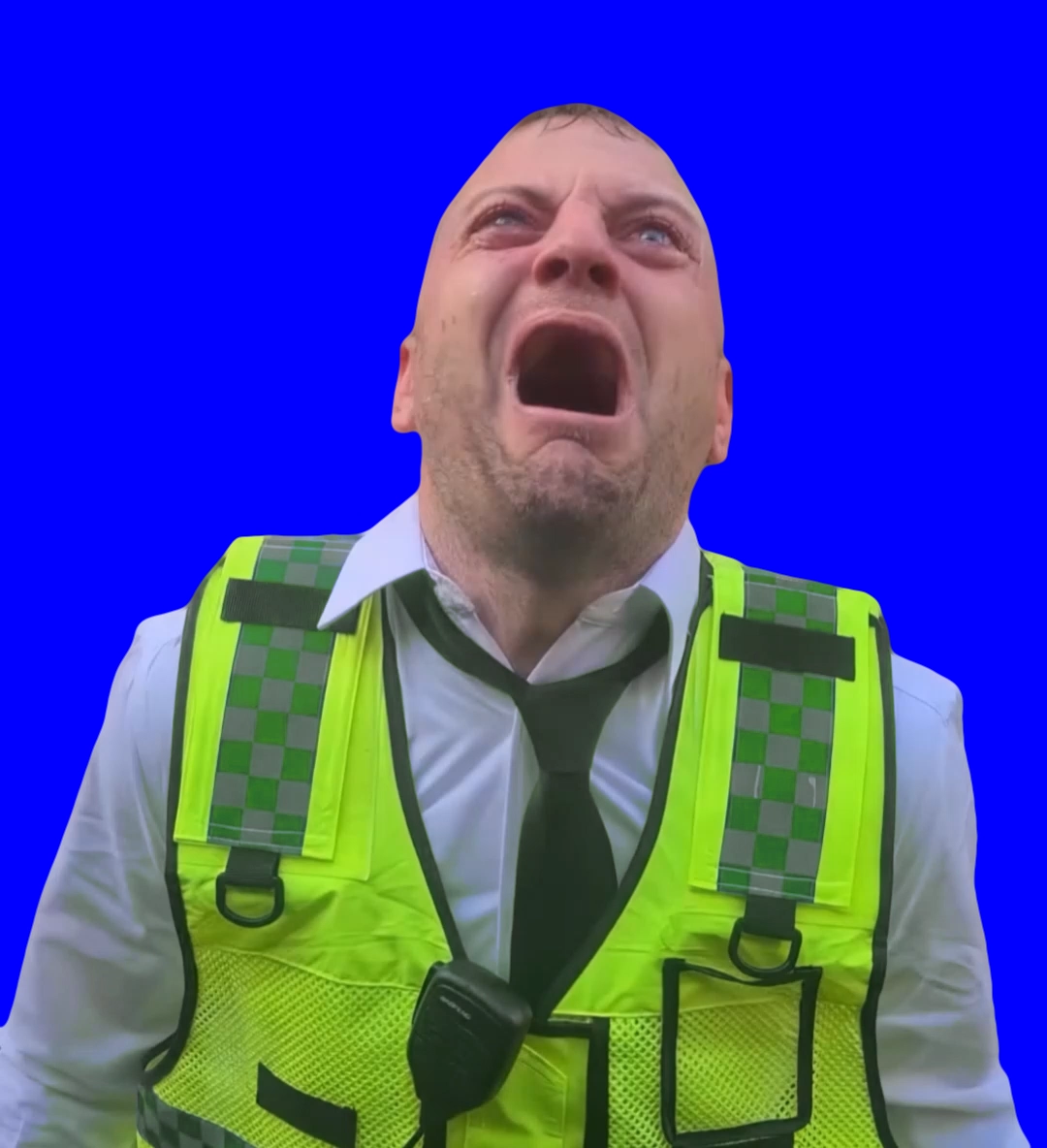 British cop crying and screaming NO!!! (Blue Screen) (Green Screen)