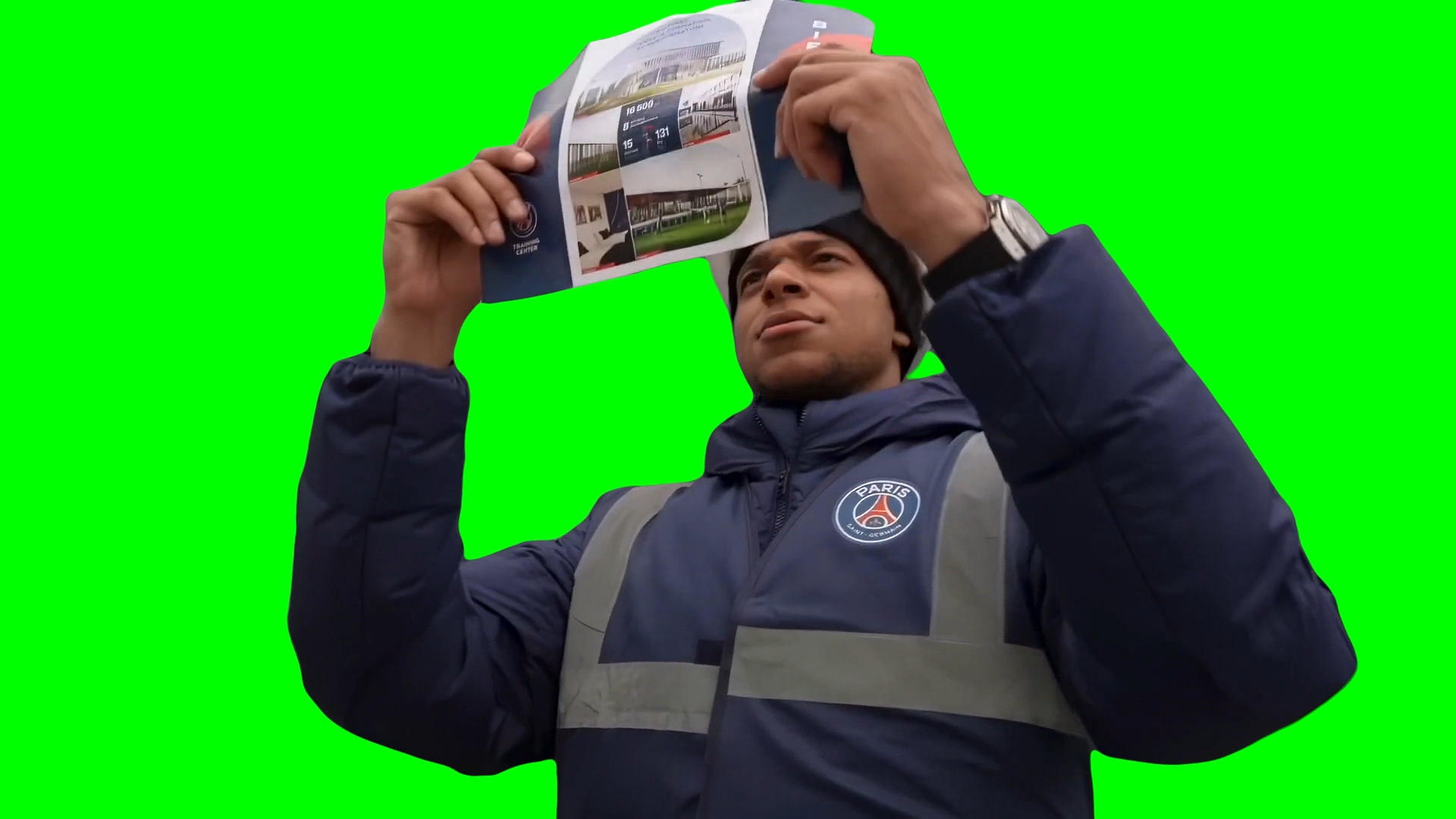 Kylian Mbappe looking at Paper meme (Green Screen)