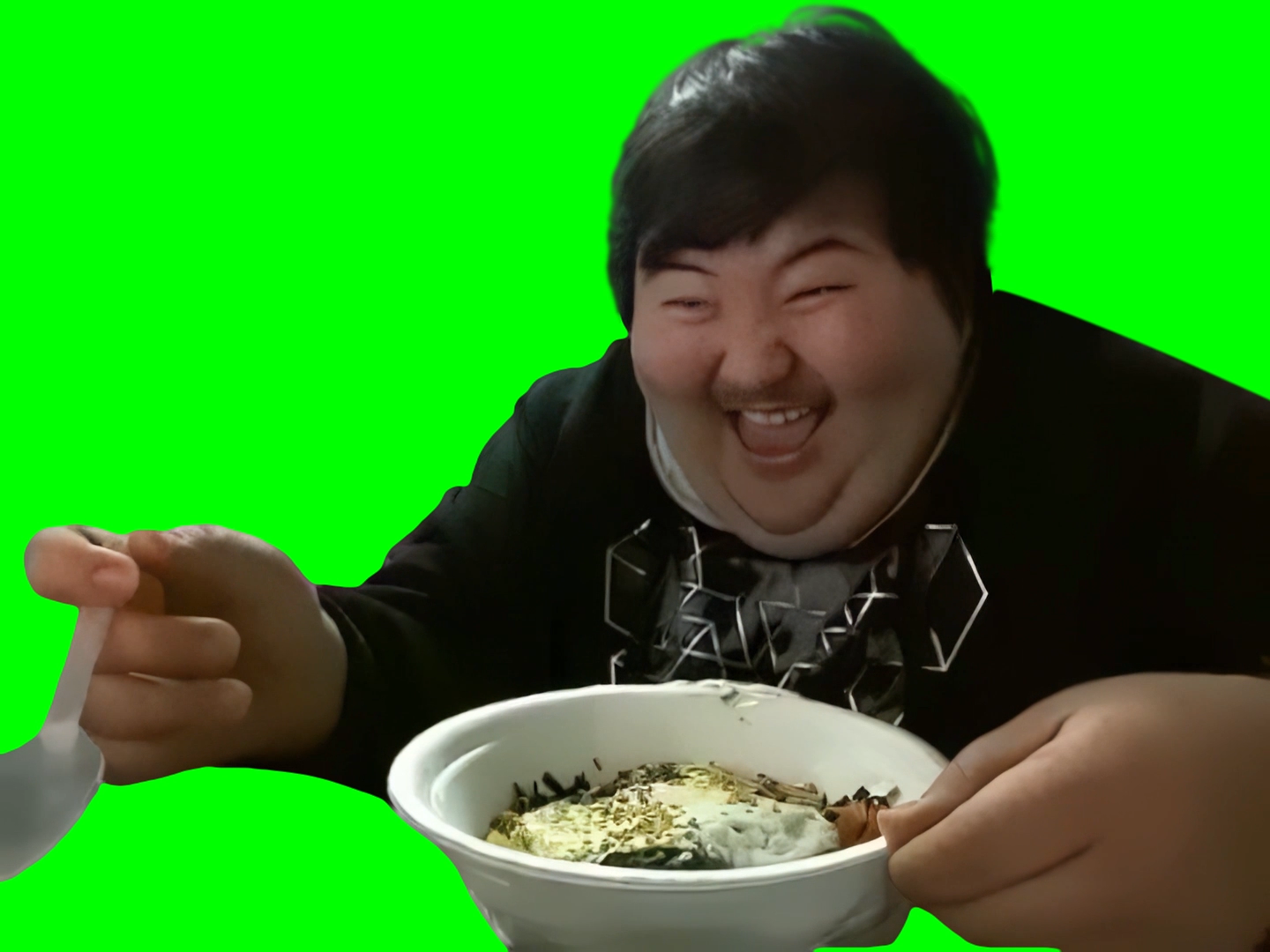 Asian Man Laughing and Choking before Eating meme (Green Screen)