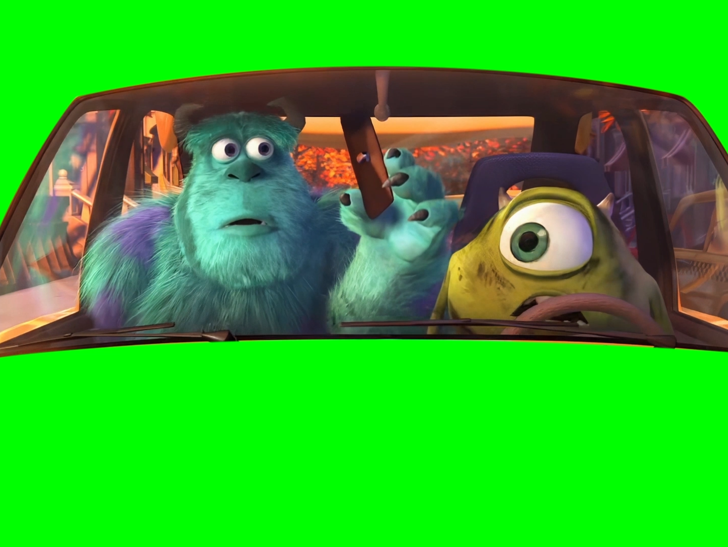 Get Out of the Car Please meme - Mike Wazowski and Sulley Monsters Inc (Green Screen)