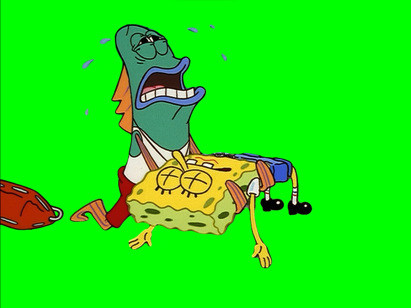 Lifeguard holding SpongeBob while crying and saying 