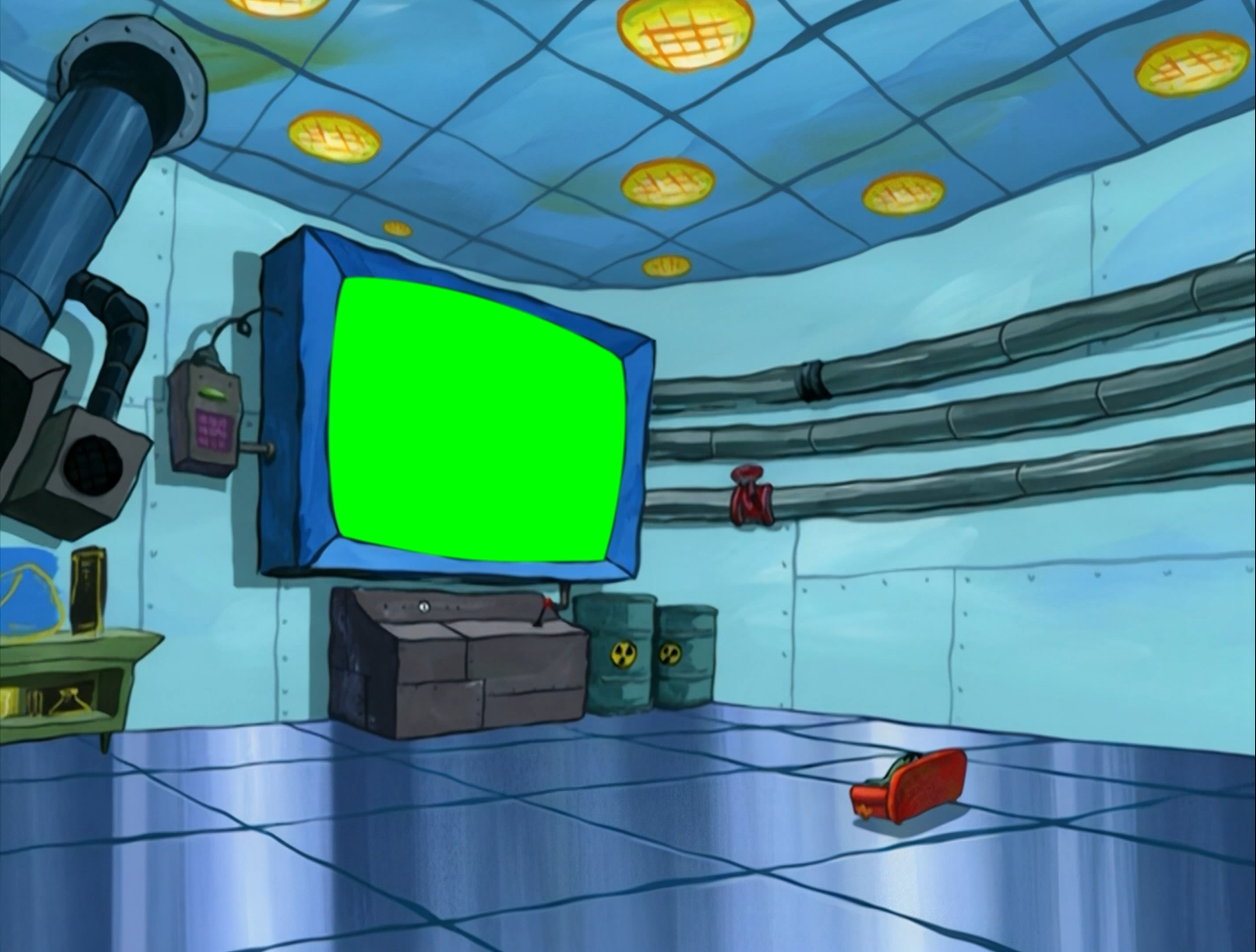 Plankton watching TV and saying 