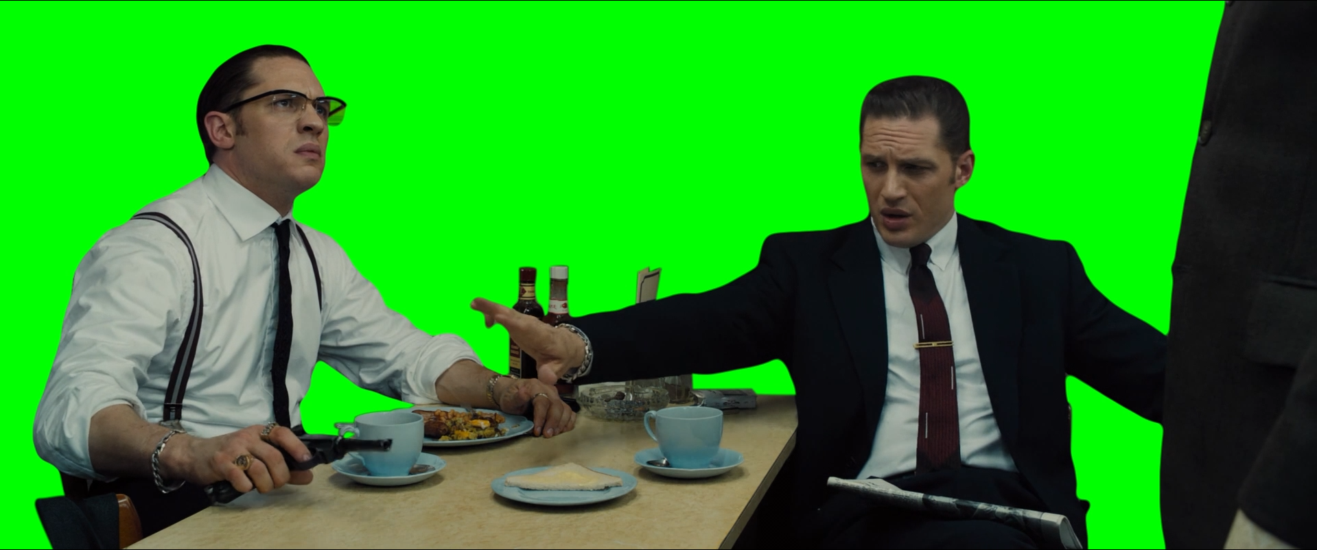 Tom Hardy putting a gun on a table meme - Legend movie (Green Screen)