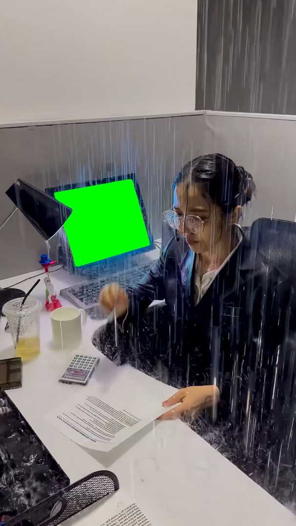 Woman Working Inside Raining Office meme - MSCHF (Green Screen)