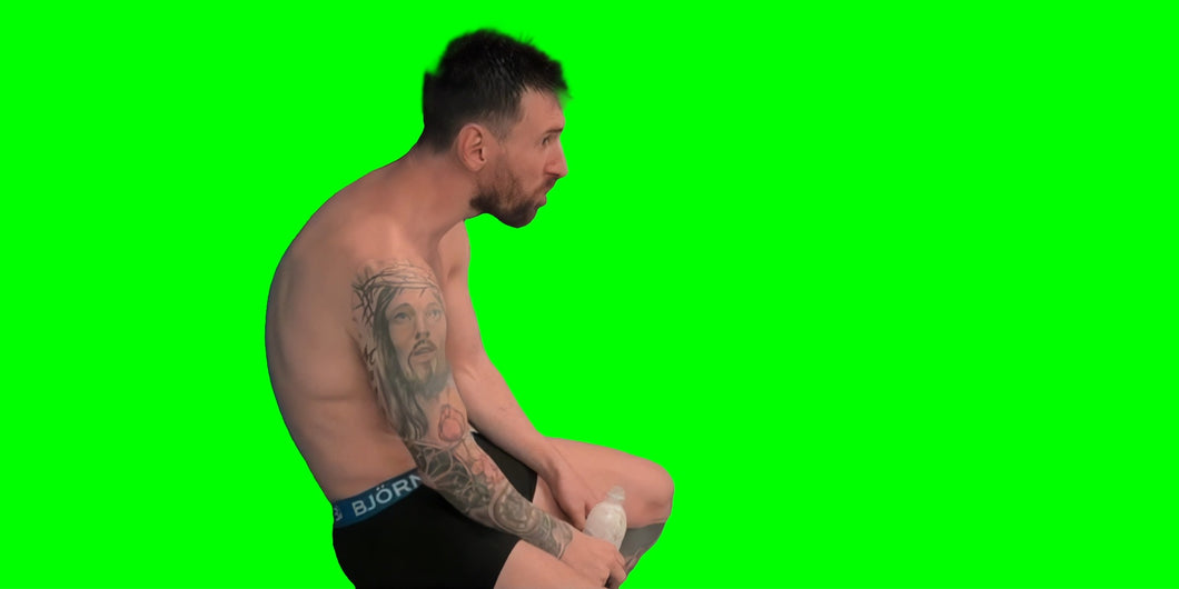 Lionel Messi sitting with a bad posture meme  (Green Screen)