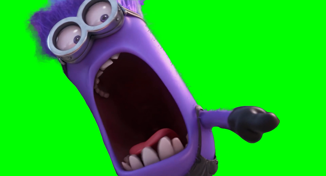 Purple Minion screaming at Yellow Minion meme - Despicable Me 2