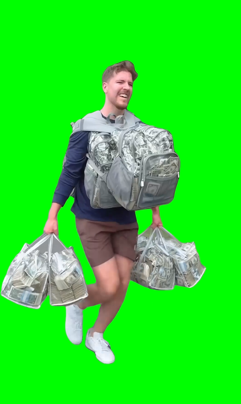 MrBeast Running with Money Bags meme (Green Screen)