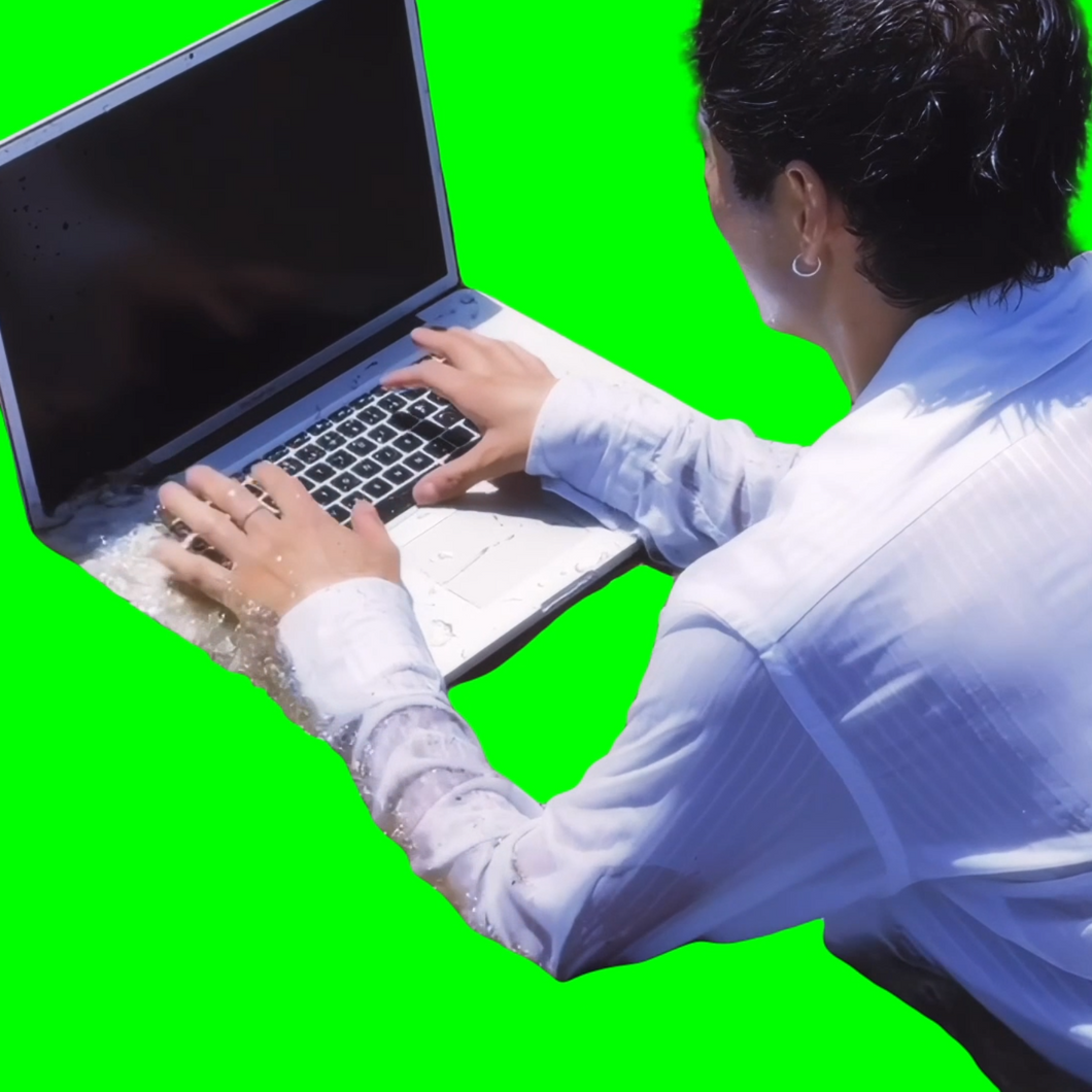 Man Using Laptop at Beach meme V2 (Green Screen)