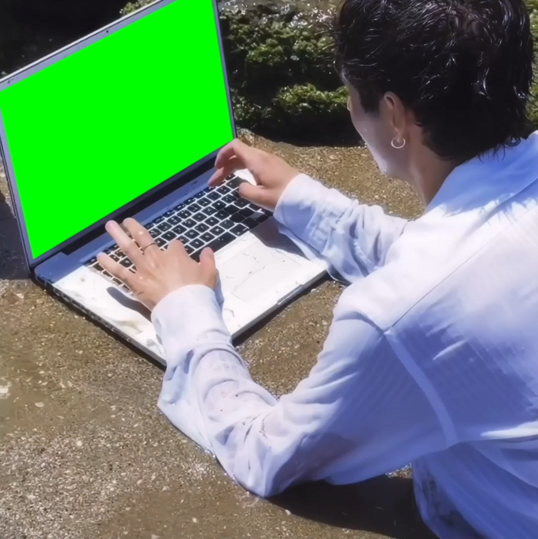 Man Using Laptop at Beach meme (Green Screen)